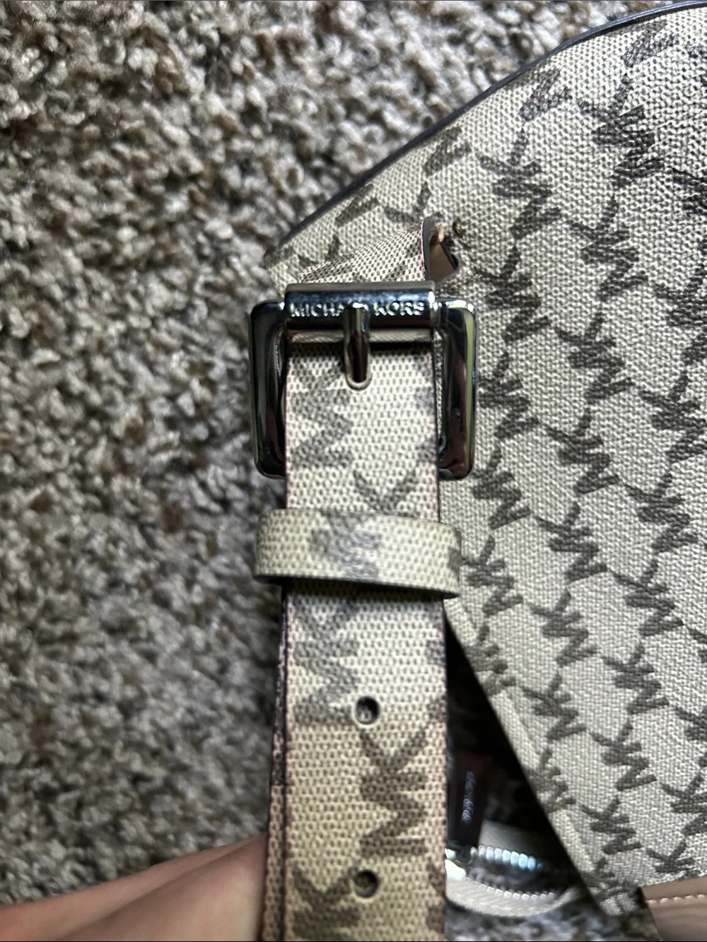 Michael Kors Tan Monogram Crossbody with White Center Stripe